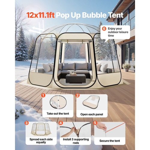 VEVOR Αναδιπλούμενη Σκηνή Bubble, 3,36 x 3,45 m Αδιάβροχη & Ανθεκτική στην UV ακτινοβολία, Διαφανής Σκηνή Camping, Εξωτερικές Σκηνές Igloo με Θόλο Κήπου και Παράθυρα, Πανοραμική Θέα 540°, για 10-12 Άτομα, Αυλή και Βεράντα