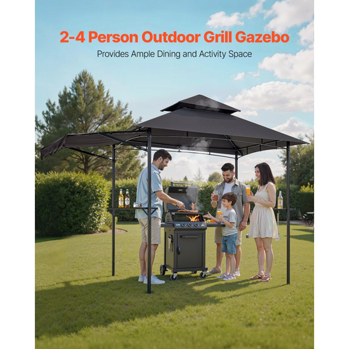Κιόσκι VEVOR Grill, Διπλής Επίπεδης Οροφής 2,43 x 1,5 μ., Κιόσκι BBQ με Επιπλέον Τέντα, Στέγαστρο Ψησταριάς από Ατσάλι με Ηλεκτροστατική Βαφή και 2 Πλαϊνά Ράφια, Ανοιχτήρι Μπουκαλιών & Γάντζοι, Εξωτερική Στέγη Ψησταριάς για Κήπο