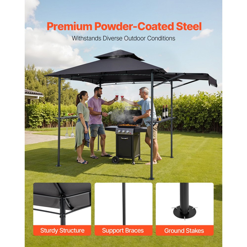 Κιόσκι VEVOR Grill, Διπλής Επίπεδης Οροφής 2,43 x 1,5 μ., Κιόσκι BBQ με Επιπλέον Τέντα, Στέγαστρο Ψησταριάς από Ατσάλι με Ηλεκτροστατική Βαφή και 2 Πλαϊνά Ράφια, Ανοιχτήρι Μπουκαλιών & Γάντζοι, Εξωτερική Στέγη Ψησταριάς για Κήπο