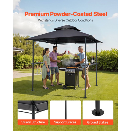 Κιόσκι VEVOR Grill, Κιόσκι εξωτερικού χώρου BBQ 2,43 x 1,5 μ. με διπλή οροφή, Στέγαστρο ψησταριάς από χάλυβα με ηλεκτροστατική βαφή πούδρας με 2 πλαϊνά ράφια και 8 γάντζους, Στέγαστρο ψησταριάς για πικνίκ σε αίθριο, κήπο και πίσω αυλή