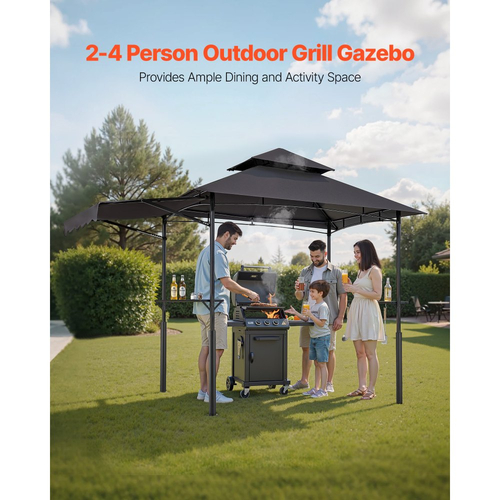 Κιόσκι VEVOR Grill, Διπλής Επίπεδης Οροφής 2,43 x 1,5 μ., Ενισχυμένο Κιόσκι BBQ με Επιπλέον Τέντα, Στέγαστρο Ψησταριάς από Ατσάλι με Ηλεκτροστατική Βαφή με 2 Πλαϊνά Ράφια & Γάντζους, Εξωτερική Στέγη Ψησταριάς για Κήπο
