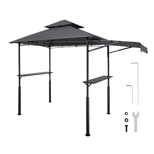 Κιόσκι VEVOR Grill, Διπλής Επίπεδης Οροφής 2,43 x 1,5 μ., Ενισχυμένο Κιόσκι BBQ με Επιπλέον Τέντα, Στέγαστρο Ψησταριάς από Ατσάλι με Ηλεκτροστατική Βαφή με 2 Πλαϊνά Ράφια & Γάντζους, Εξωτερική Στέγη Ψησταριάς για Κήπο
