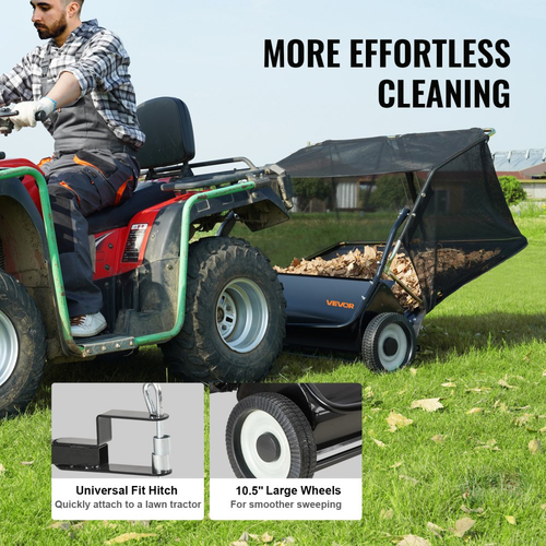 Σκούπα γκαζόν VEVOR Tow Back Lawn, Σκούπα γκαζόν 127 cm με τράβηγμα, Συλλέκτης φύλλων και χόρτου μεγάλης χωρητικότητας 26 κυβικών ποδιών, Σούπα κήπου βαρέως τύπου με ρυθμιζόμενο ύψος σάρωσης για αυλή, γκαζόν, αγρόκτημα