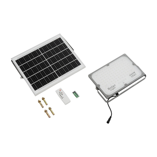 GLOBOSTAR® LUMOVOX 73068 Προβολέας LED 200W 10000lm 120° DC 5V με Φωτοβολταϊκό Panel 5V 12W & Επαναφορτιζόμενη Μπαταρία Li-ion 3.2V 10000mAh Αδιάβροχο IP65 Ψυχρό Λευκό 6000K - 180 x SMD2835 Sanan Chip - Γκρι Ανθρακί - Μ29 x Π0 x Υ19cm - 2 Χρόνια Εγγύηση