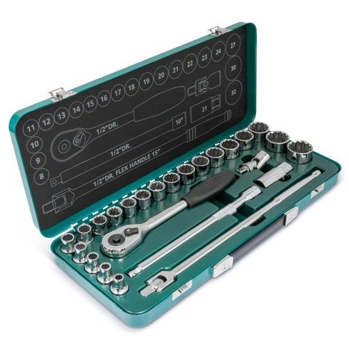 Κασετίνα καρυδάκια 25τεμ. 1/2" πολύγωνα.
Περιέχει: 1 - Καστάνια ταχείας απεμπλοκής
20 -  Καρυδάκια πολύγωνα 8, 9, 10,
11, 12, 13, 14, 15, 16, 17, 18, 19,
20, 21, 22, 23, 24, 27, 30, 32 mm
1 - Spark Plug Socket 21 mm
3 - Εξαρτήματα
Προέκταση 10”
Πολύσπαστο