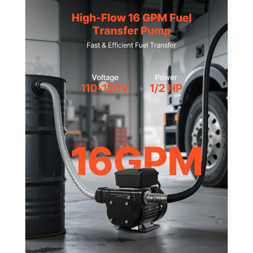 Αντλία Μεταφοράς Καυσίμου VEVOR 230V, 16 GPM 60 L/min, Ηλεκτρική Αντλία Μεταφοράς Λαδιού AC για Ντίζελ Κηροζίνη Βιοντίζελ, με Αυτόματο Ακροφύσιο Καυσίμου & 2 Σωλήνες, Μέγιστη Ανύψωση 45 ft/13,7 m, για Οχήματα, Εργοτάξια