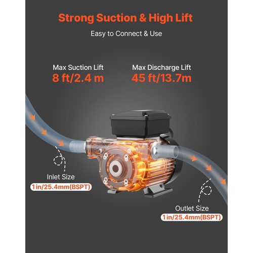 Αντλία Μεταφοράς Καυσίμου VEVOR 230V, 16 GPM 60 L/min, Ηλεκτρική Αντλία Μεταφοράς Λαδιού AC για Ντίζελ Κηροζίνη Βιοντίζελ, με Αυτόματο Ακροφύσιο Καυσίμου & 2 Σωλήνες, Μέγιστη Ανύψωση 45 ft/13,7 m, για Οχήματα, Εργοτάξια