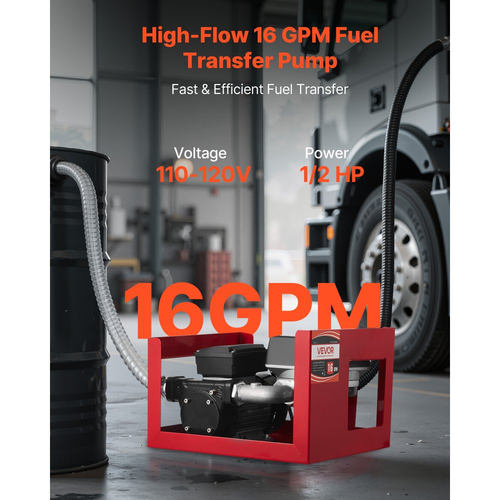 Αντλία Μεταφοράς Καυσίμου VEVOR 230V, 16 GPM 60 L/min, Ηλεκτρική Αντλία Μεταφοράς Λαδιού AC για Ντίζελ, Κηροζίνη, Βιοντίζελ, με Μετρητή, Αυτόματο Ακροφύσιο Καυσίμου & 2 Σωλήνες, Ανύψωση 45 ft/13,7 m, για Οχήματα, Εργοτάξια