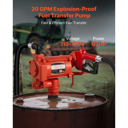 Αντλία μεταφοράς καυσίμου VEVOR 230V, 20 GPM 76 L/min, ηλεκτρική αντλία μεταφοράς λαδιού AC, με ακροφύσιο καυσίμου αυτόματης απενεργοποίησης και εύκαμπτο σωλήνα εκκένωσης, κιτ υψηλής ροής για βενζίνη, ντίζελ, κηροζίνη, βιοντίζελ, μείγματα αιθανόλης