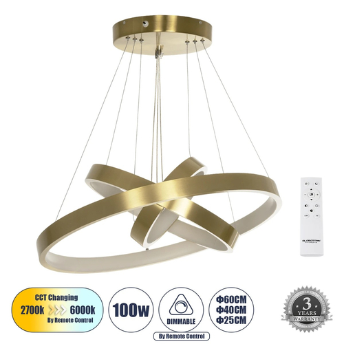 GLOBOSTAR® NEMESIS TRIO 61169-DECO Μοντέρνο Κρεμαστό Φωτιστικό Οροφής LED 100W 12123lm 360° AC 220-240V IP20 Ρυθμιζόμενο Λευκό CCT με Χειριστήριο από 2700K έως 6000K Dimmable - Lumileds SMD Chip - Χρυσό Βούρτσας - Μ60 x Π60 x Υ60cm - 3 Χρόνια Εγγύηση