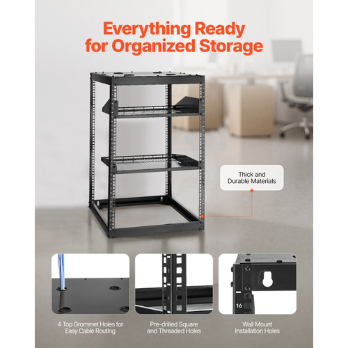 Rack δικτύου VEVOR 16U ανοιχτού πλαισίου, βάθους 585 mm, επιτοίχιο ή επιδαπέδιο, βαρέως τύπου 4 θέσεων, με αεριζόμενα ράφια και υλικό στήριξης, χωράει όλο τον εξοπλισμό δικτύωσης IT και τον εξοπλισμό AV.