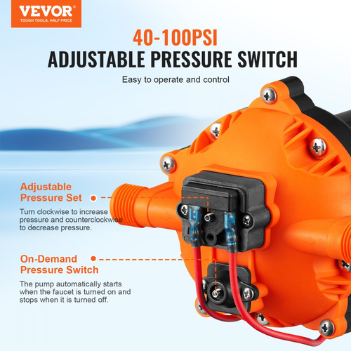 Αντλία διαφράγματος νερού VEVOR, 12V DC, ροή 5,5 GPM, ονομαστική πίεση 70 PSI (ρυθμιζόμενη 40-100 PSI), αντλία ψεκασμού αυτόματης αναρρόφησης 1/2" MNPT με διακόπτη πίεσης για γκαζόν RV Camper Marine Boat, πιστοποιημένη από την FCC
