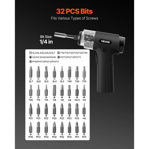 Ηλεκτρικό κατσαβίδι VEVOR, 7 ρυθμίσεις ροπής 0,5-5 Nm, μπαταρία 2500mAh, σετ κατσαβιδιών χωρίς καλώδιο με 32 μύτες 1/4 ίντσας, ψηφιακή οθόνη, φως LED, φόρτιση τύπου C, για ηλεκτρολογικές επισκευές επίπλων