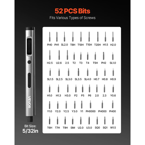 Σετ ηλεκτρικών κατσαβιδιών ακριβείας VEVOR, 52 μαγνητικές μύτες, μίνι ηλεκτρικό κατσαβίδι με μαγνητικό κουτί αποθήκευσης, ατσάλινες μύτες S2, φως LED, φόρτιση τύπου C, για επισκευή τηλεφώνων, φορητών υπολογιστών και ηλεκτρονικών ειδών