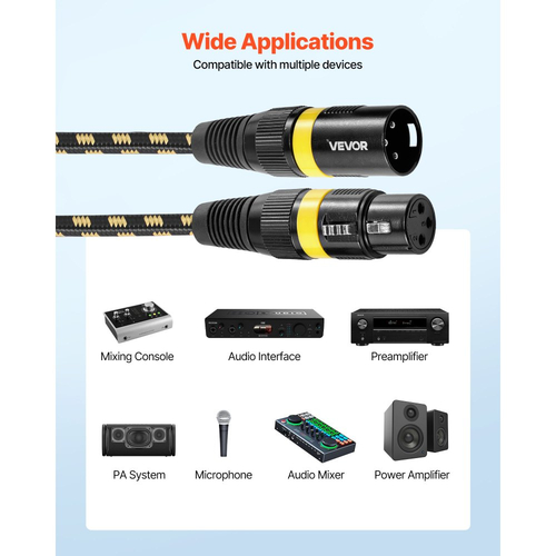 Καλώδιο VEVOR XLR 7,62 μ., Συσκευασία των 6, Θωρακισμένα Καλώδια Μικροφώνου DMX Αρσενικό σε Θηλυκό, Επιχρυσωμένα Καλώδια Μικροφώνου XLR 3 Ακροδεκτών, για Φωτισμό Σκηνής, Μικρόφωνα, Ενισχυτή, Μίκτη, Συστήματα Ηχείων