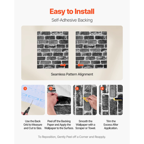 Ταπετσαρία τοίχου VEVOR Peel and Stick, 45cm x 10m Χαρτί επαφής Γκρι τούβλο Αδιάβροχο Αυτοκόλλητο, εύκολο στο καθάρισμα και ξεφλούδισμα Διακοσμητικό βινύλιο τοίχου για υπνοδωμάτιο, κουζίνα, γραφείο, μπάνιο, γραφείο