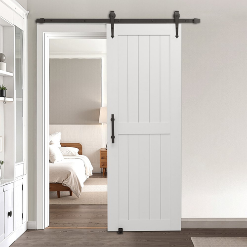 Συρόμενη Πόρτα Αχυρώνα VEVOR, 762 x 2134mm, Πάνελ MDF υψηλής αντοχής, Πόρτα Αχυρώνα με Κιτ Μηχανισμών, Αδιάβροχη Επιφάνεια PVC, Εύκολη Εγκατάσταση, Πλαίσιο H, Ομαλά και Αθόρυβα Συρόμενη για Σαλόνι, Μπάνιο