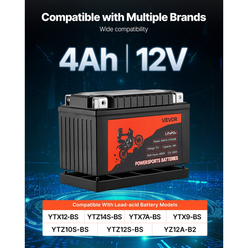 Μπαταρία μοτοσικλέτας VEVOR, 12 Volt 4Ah, προφορτισμένη μπαταρία λιθίου LiFePO4 για Powersports, χωρίς συντήρηση και υψηλής απόδοσης, συμβατή με ATV, μοτοσικλέτα, τζετ σκι, σκούτερ, UTV και άλλα