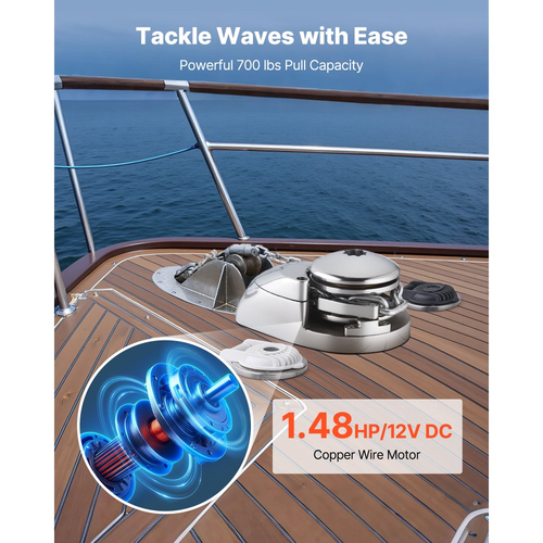 VEVOR Κάθετο Βαρούλκο Ψαρέματος, 12V DC 1100W, Συστήματα Αγκύρωσης Βαρούλκου Κατάλληλα για Αλυσίδα 6,35 mm ή Νάιλον Σχοινί 14,3 & 15,9 mm, Μέγιστη Ροπή 320 kg, Κατασκευή από Ανοξείδωτο Ατσάλι 316, για Σκάφη 6-11 m