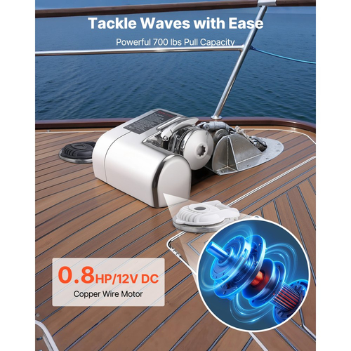 Οριζόντιο βαρούλκο ψαρέματος VEVOR, 12V DC 600W, Συστήματα αγκύρωσης βαρούλκου κατάλληλο για αλυσίδα 6,35 mm ή νάιλον σχοινί 14,3 & 15,9 mm, Μέγιστη έλξη 260 kg, κατασκευή από ανοξείδωτο χάλυβα 316, για σκάφη 7-9 m