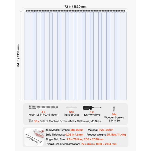 VEVOR Διαφανής Λωρίδα Κουρτίνας PVC, Ύψος 2,1 m x Πλάτος 1,8 m x Πάχος 2 mm, 12 τεμάχια Λωρίδες Κουρτίνας για Ψυγείο Κατάψυξης, Λείες Αδιάβροχες Λωρίδες Πλαστικής Πόρτας για Αποθήκη, Κατάψυξη, Πόρτες Γκαράζ
