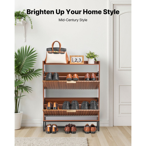 Παπουτσοθήκη VEVOR με 2 αναδιπλούμενα συρτάρια, Ντουλάπι αποθήκευσης παπουτσιών Mid-Century με συσκευή κατά της ανατροπής, Ανεξάρτητη ραβδωτή θήκη οργάνωσης παπουτσιών, Ιδανική για είσοδο, διάδρομο, υπνοδωμάτιο, σαλόνι, καρυδιά