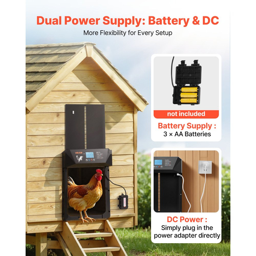 Αυτόματη πόρτα κοτέτσιου VEVOR, πόρτα κοτέτσιου με τροφοδοσία DC και μπαταρίας, οθόνη LCD, αισθητήρα φωτός, χρονοδιακόπτη και χειροκίνητη ρύθμιση, ασφάλεια κατά του τσιμπήματος, ανθεκτικό κράμα αλουμινίου, ανοιχτήρι πόρτας Chick Run για φάρμα