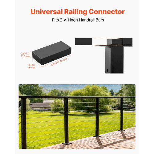 Συνδετήρες χειρολισθήρα VEVOR 2 τεμαχίων, Αξεσουάρ για κιγκλιδώματα σκαλοπατιών επίπεδης επέκτασης, Εξαρτήματα σύνδεσης χειρολισθήρα POM για ορθογώνια κιγκλιδώματα καλωδίων, Σύστημα ράγας καλωδίου καταστρώματος εξωτερικού χώρου, Ματ μαύρο, HT-04