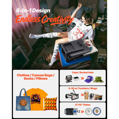 Υβριδική Θερμική Πρέσα VEVOR, 380 x 380 mm, Πολυλειτουργική 8 σε 1, Γρήγορη και Ομοιόμορφη Θέρμανση, Ολοκαίνουργιος Πατενταρισμένος Σχεδιασμός, Εύκολος Χειρισμός, Μηχανή Πρέσας Εξάχνωσης για Μπλουζάκια/Κούπες/Ποτήρια/Καπέλα/Πιάτα, Μαύρο