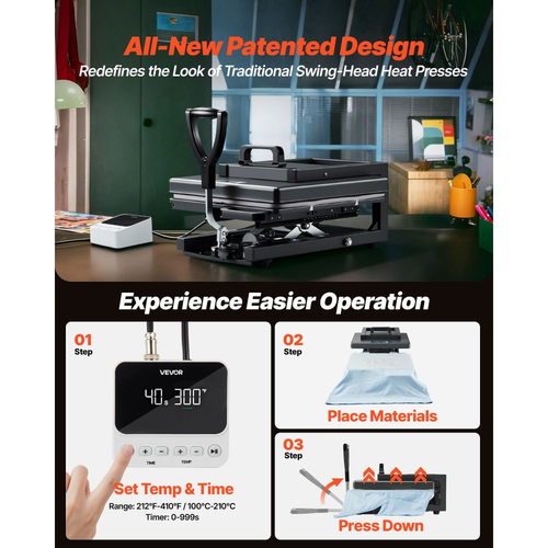 Υβριδική Θερμική Πρέσα VEVOR, 380 x 380 mm, Πολυλειτουργική 8 σε 1, Γρήγορη και Ομοιόμορφη Θέρμανση, Ολοκαίνουργιος Πατενταρισμένος Σχεδιασμός, Εύκολος Χειρισμός, Μηχανή Πρέσας Εξάχνωσης για Μπλουζάκια/Κούπες/Ποτήρια/Καπέλα/Πιάτα, Μαύρο