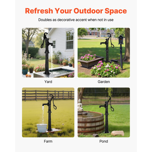 Χειροκίνητη αντλία κανάτας VEVOR Well, μέγιστης ανύψωσης 20 ft, χειροκίνητη χειροκίνητη αντλία νερού από χυτοσίδηρο αντίκα με βάση ανύψωσης, σύνδεση NPT 1-1/4 in, εύκολη εγκατάσταση, για εξωτερικό κήπο, λίμνη, αυλή, αγρόκτημα, μαύρη