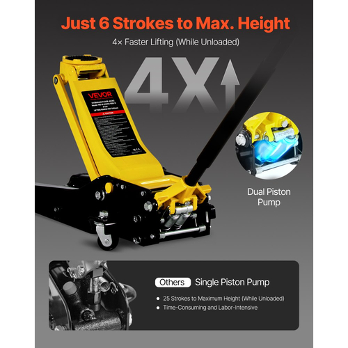 Γρύλος δαπέδου χαμηλού προφίλ VEVOR, χωρητικότητας 4 τόνων, ατσάλινος αγωνιστικός γρύλος δαπέδου με αντλία γρήγορης ανύψωσης διπλών εμβόλων, υδραυλικός ανυψωτήρας καροτσιού για SUV, εύρος ανύψωσης 100-545 mm, κίτρινο & μαύρο