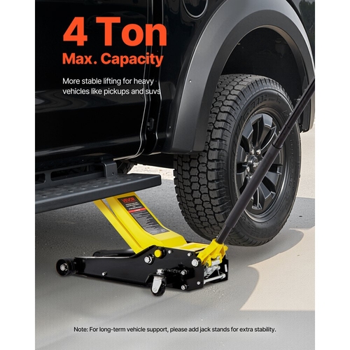 Γρύλος δαπέδου χαμηλού προφίλ VEVOR, χωρητικότητας 4 τόνων, ατσάλινος αγωνιστικός γρύλος δαπέδου με αντλία γρήγορης ανύψωσης διπλών εμβόλων, υδραυλικός ανυψωτήρας καροτσιού για SUV, εύρος ανύψωσης 100-545 mm, κίτρινο & μαύρο