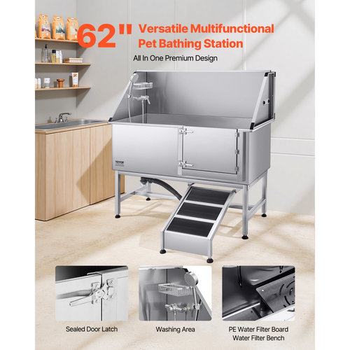 Σταθμός πλύσης σκύλου VEVOR από ανοξείδωτο ατσάλι, μπανιέρα περιποίησης κατοικίδιων 157,48 cm με ράμπα, πλακέτα φίλτρου νερού PE, βρύση & κεφαλή ντους & θήκη σαπουνιού Μπανιέρα σκύλου για μεγάλα, μεσαία & μικρά κατοικίδια (δεξιά πόρτα)