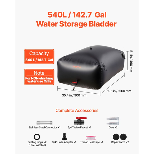 Κύστη αποθήκευσης νερού VEVOR 540L μεγάλης χωρητικότητας, τσάντα νερού, φορητή και πτυσσόμενη δεξαμενή μαλακού νερού, στεγανή και ανθεκτική στη φθορά δεξαμενή αποθήκευσης νερού έκτακτης ανάγκης από PVC για τροχόσπιτα και εξωτερική χρήση