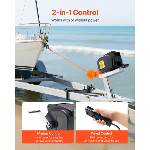 Ηλεκτρικό βαρούλκο σκάφους VEVOR, 12V DC 300W, Αναστρέψιμο ηλεκτρικό βαρούλκο ρυμούλκησης για σκάφη έως 900 kg, Ενεργοποίηση, Απενεργοποίηση και λειτουργία ελεύθερης περιστροφής για σκάφη με ενσύρματο τηλεχειριστήριο και χειροκίνητη μανιβέλα