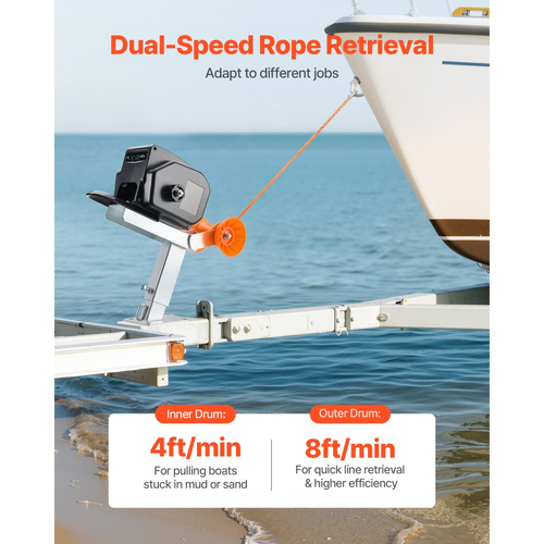 Ηλεκτρικό βαρούλκο σκάφους VEVOR, 12V DC 300W, Αναστρέψιμο ηλεκτρικό βαρούλκο ρυμούλκησης για σκάφη έως 900 kg, Ενεργοποίηση, Απενεργοποίηση και λειτουργία ελεύθερης περιστροφής για σκάφη με ενσύρματο τηλεχειριστήριο και χειροκίνητη μανιβέλα