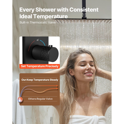 Σετ βρύσης ντους VEVOR, θερμοστατικό σύστημα ντους βροχής οροφής 406 mm με 6 ακροφύσια σώματος και ψεκασμό χειρός, περιστρεφόμενη κεφαλή βροχής 3 λειτουργιών, πλήρης ορειχάλκινη βαλβίδα και κιτ επένδυσης, ματ μαύρο