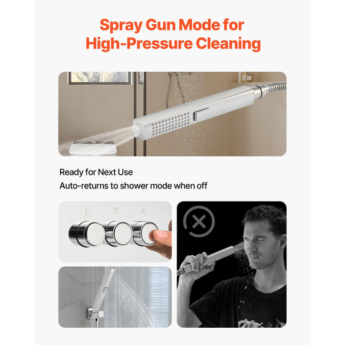 Σετ βρύσης ντους VEVOR, Σύστημα ντους βροχής οροφής 254 mm με 6 ακροφύσια σώματος και ψεκασμό χειρός 2 σε 1, Περιστρεφόμενο σετ συστήματος κεφαλής βροχής 3 λειτουργιών, Πλήρες κιτ βαλβίδας και επένδυσης από ορείχαλκο, Χρώμιο