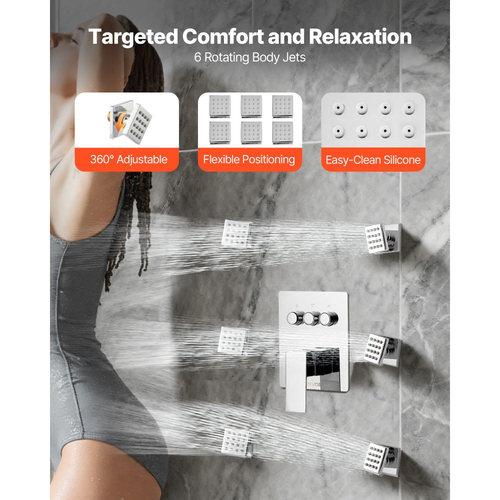 Σετ βρύσης ντους VEVOR, Σύστημα ντους βροχής οροφής 254 mm με 6 ακροφύσια σώματος και ψεκασμό χειρός 2 σε 1, Περιστρεφόμενο σετ συστήματος κεφαλής βροχής 3 λειτουργιών, Πλήρες κιτ βαλβίδας και επένδυσης από ορείχαλκο, Χρώμιο