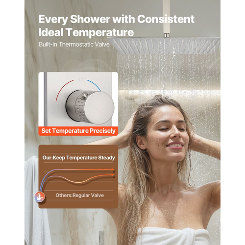 Σετ βρύσης ντους VEVOR, θερμοστατικό σύστημα ντους βροχής οροφής 406 mm με κεφαλή τοίχου 152 mm, 6 ακροφύσια σώματος και ψεκασμό χειρός, διπλή βαλβίδα ορείχαλκου με κεφαλή βροχής και κιτ περιμετρικής επένδυσης, βουρτσισμένο νικέλιο