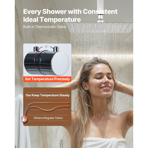 Σετ βρύσης ντους VEVOR, θερμοστατικό σύστημα ντους βροχής οροφής 305 mm με κεφαλή τοίχου 152 mm και ψεκασμό χειρός 2 σε 1, βαλβίδα ορείχαλκου διπλής κεφαλής βροχής 3 λειτουργιών και κιτ περιμετρικής επένδυσης, χρώμιο