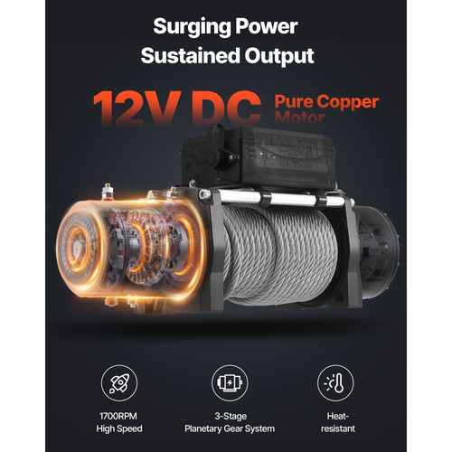 Ηλεκτρικό βαρούλκο VEVOR, χωρητικότητα φορτίου 5400 kg, βαρούλκο φορτηγού 12V DC με ατσάλινο σχοινί Φ9.1 mm x 24 m, ασύρματο και ενσύρματο τηλεχειριστήριο, αδιάβροχο IP55 για ρυμούλκηση SUV, τζιπ, ρυμουλκούμενου, σκάφους, εκτός δρόμου