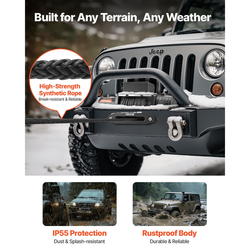 Ηλεκτρικό βαρούλκο VEVOR, χωρητικότητα φορτίου 6100 kg, βαρούλκο φορτηγού 12V DC με συνθετικό σχοινί Φ9,5 mm x 26 m, ασύρματο και ενσύρματο τηλεχειριστήριο, αδιάβροχο IP55 για ρυμούλκηση εκτός δρόμου SUV, τζιπ, ρυμουλκούμενου σκάφους