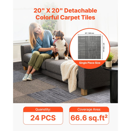 Πλακάκια χαλιού VEVOR Επαναχρησιμοποιούμενα 508 x 508 mm, 24 τεμάχια αρθρωτό τετράγωνο χαλί, Εμπορικό δάπεδο με μαλακή επένδυση για κάλυψη χωρίς ραφές 6.2㎡, Εύκολη αντικατάσταση DIY για σαλόνι, υπνοδωμάτιο, γραφείο, εσωτερικό, πολύχρωμο