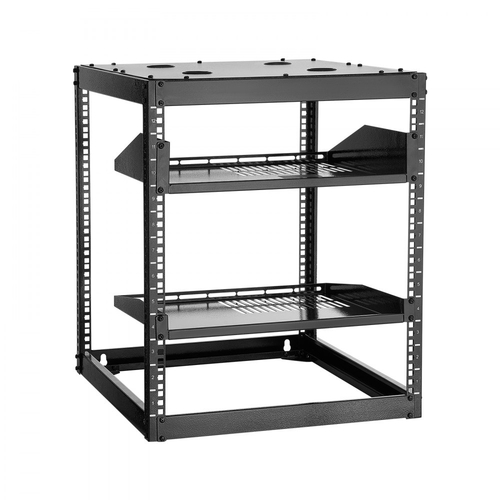 Rack δικτύου VEVOR 12U ανοιχτού πλαισίου, βάθους 585 mm, επιτοίχιο ή επιδαπέδιο, βαρέως τύπου 4 θέσεων, με αεριζόμενα ράφια και υλικό στήριξης, χωράει όλο τον εξοπλισμό δικτύωσης IT και τον εξοπλισμό AV.