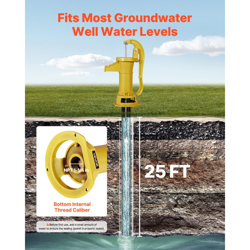 Χειροκίνητη αντλία κανάτας VEVOR Well, μέγιστη ανύψωση 25 ft, χειροκίνητη αντλία νερού από χυτοσίδηρο αντίκα, σύνδεση NPT 1-1/4 in, εύκολη εγκατάσταση, παλαιού τύπου για εξωτερικούς χώρους, κήπο, λίμνη, αυλή, αγρόκτημα, κίτρινη