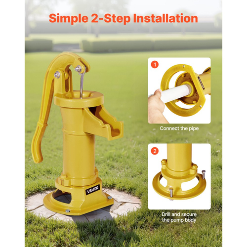 Χειροκίνητη αντλία κανάτας VEVOR Well, μέγιστη ανύψωση 25 ft, χειροκίνητη αντλία νερού από χυτοσίδηρο αντίκα, σύνδεση NPT 1-1/4 in, εύκολη εγκατάσταση, παλαιού τύπου για εξωτερικούς χώρους, κήπο, λίμνη, αυλή, αγρόκτημα, κίτρινη
