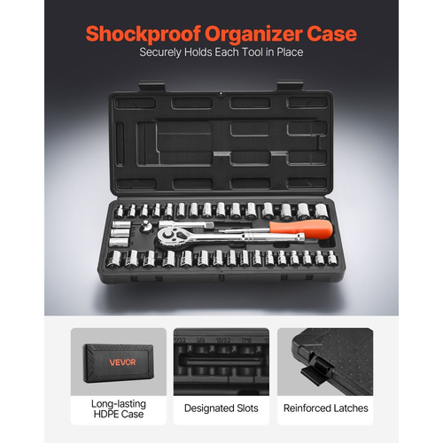 Σετ καρυδάκια VEVOR, 39 τεμάχια, σετ καρυδάκια και καστάνιας 9,5 & 6,4 mm, μέγεθος SAE και μετρικό, κιτ εργαλείων μηχανικού με κλειδί καστάνιας, αξεσουάρ, θήκη αποθήκευσης, κράμα χάλυβα CR-V, για επισκευή αυτοκινήτων