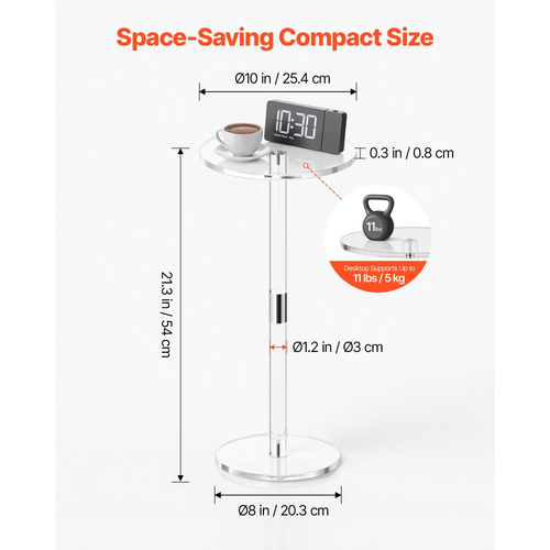 Τραπεζάκι Ποτού VEVOR Ακρυλικό, Διαφανές Τραπεζάκι με Στρογγυλή Επιφάνεια και Μασίφ Στύλο, Μοντέρνα Ακρυλική Βάση για Τραπεζάκι Τούρτας, Διαφανές Πλαϊνό Γραφείο για Καφέ, Ποτό, Φαγητό, Σνακ, Εύκολη Συναρμολόγηση, 25,4 x 25,4 x 54 cm (Διαφανές)